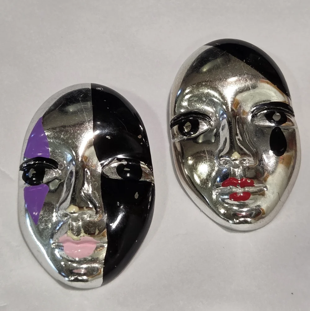 80s Vintage Pair Of Acrylic Plastic Silver Painted Harlequin Mask Brooches